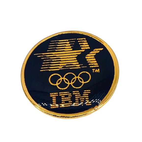 VTG 1980s IBM LA Olympic Commemorative Hat Lapel Pin BlackGold Tone Collector - Picture 1 of 4